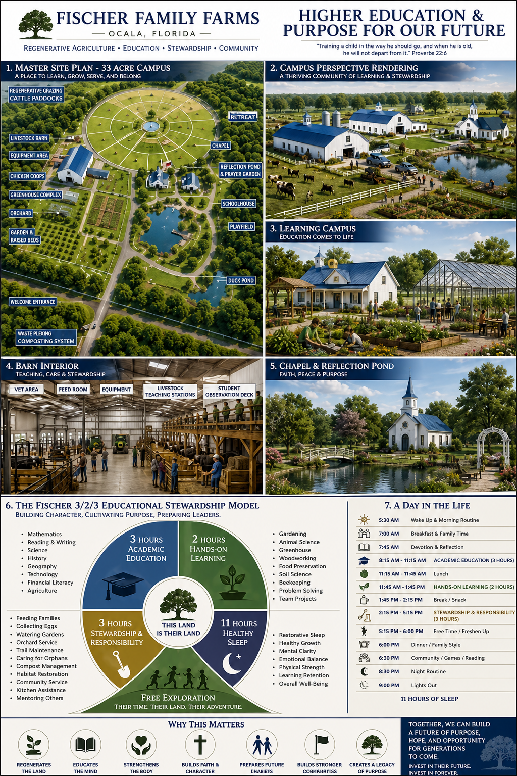 The Fischer Family Farms 25-acre master plan: fields, a schoolhouse and community garden, a barn, and a chapel by a reflection pond.
